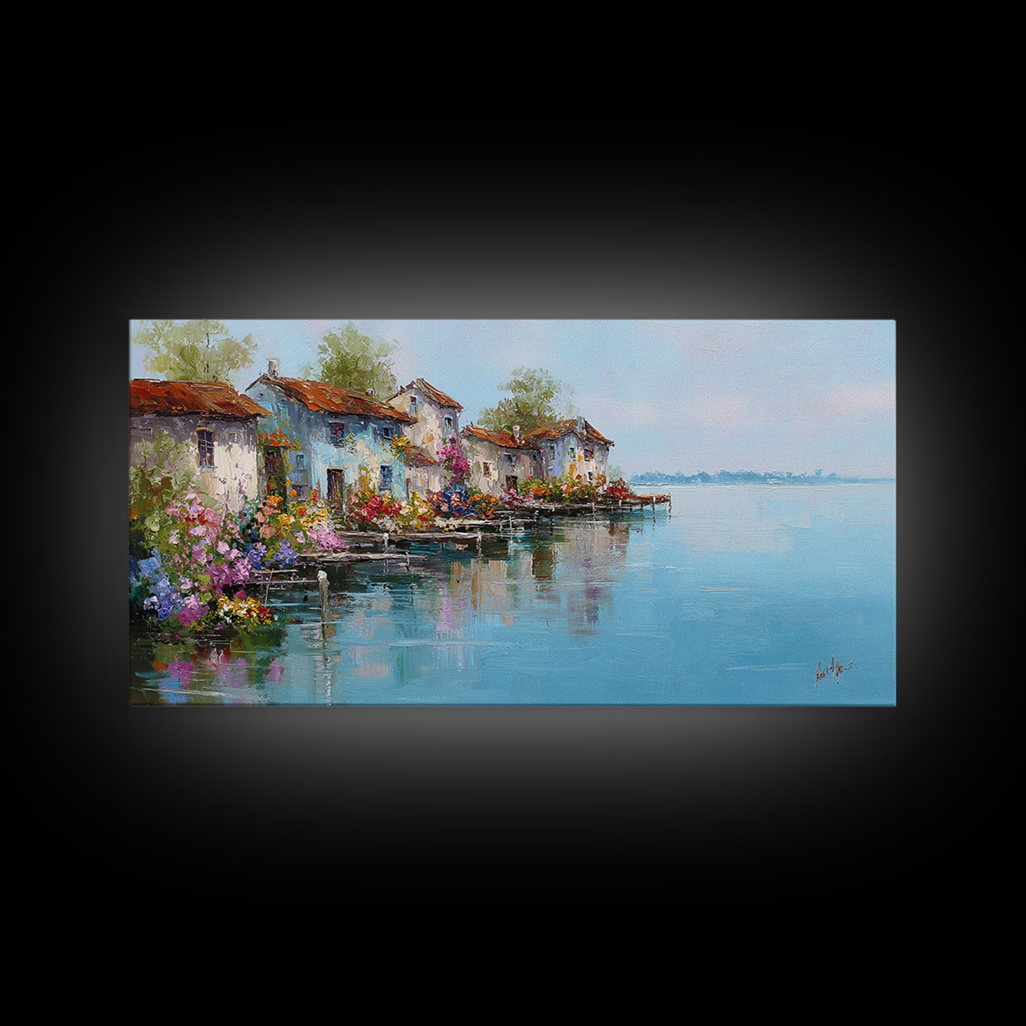 Mediterranean Village Reflected On Blue Water Wall Art, Italian Coastal Canvas Print, Lake Como Decor, European Home Decor