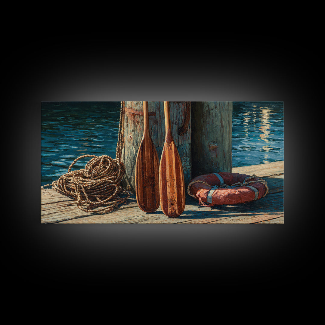 Weathered Dock Oars And Rope Canvas Print, Nautical Wall Art, Coastal Lake House Decor, Beach House Gift For Him, Fine Art Print