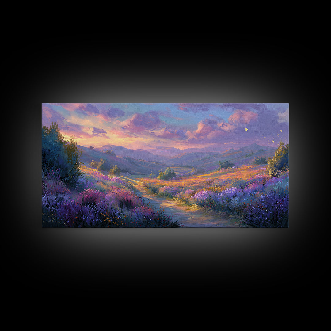 Lavender Mountain Valley Canvas Print, Colorful Landscape Wall Art, Purple Wildflower Living Room Decor, Statement Large Print