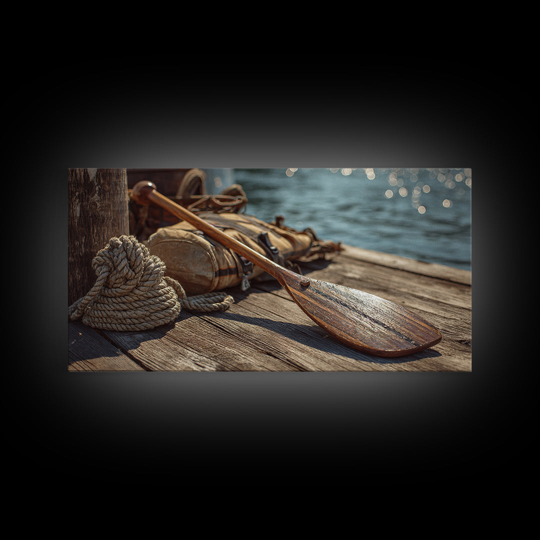 Weathered Paddle And Rope On Dock Canvas Print, Nautical Wall Art, Lake House Decor, Coastal Cabin Gift, Rustic Boat Print