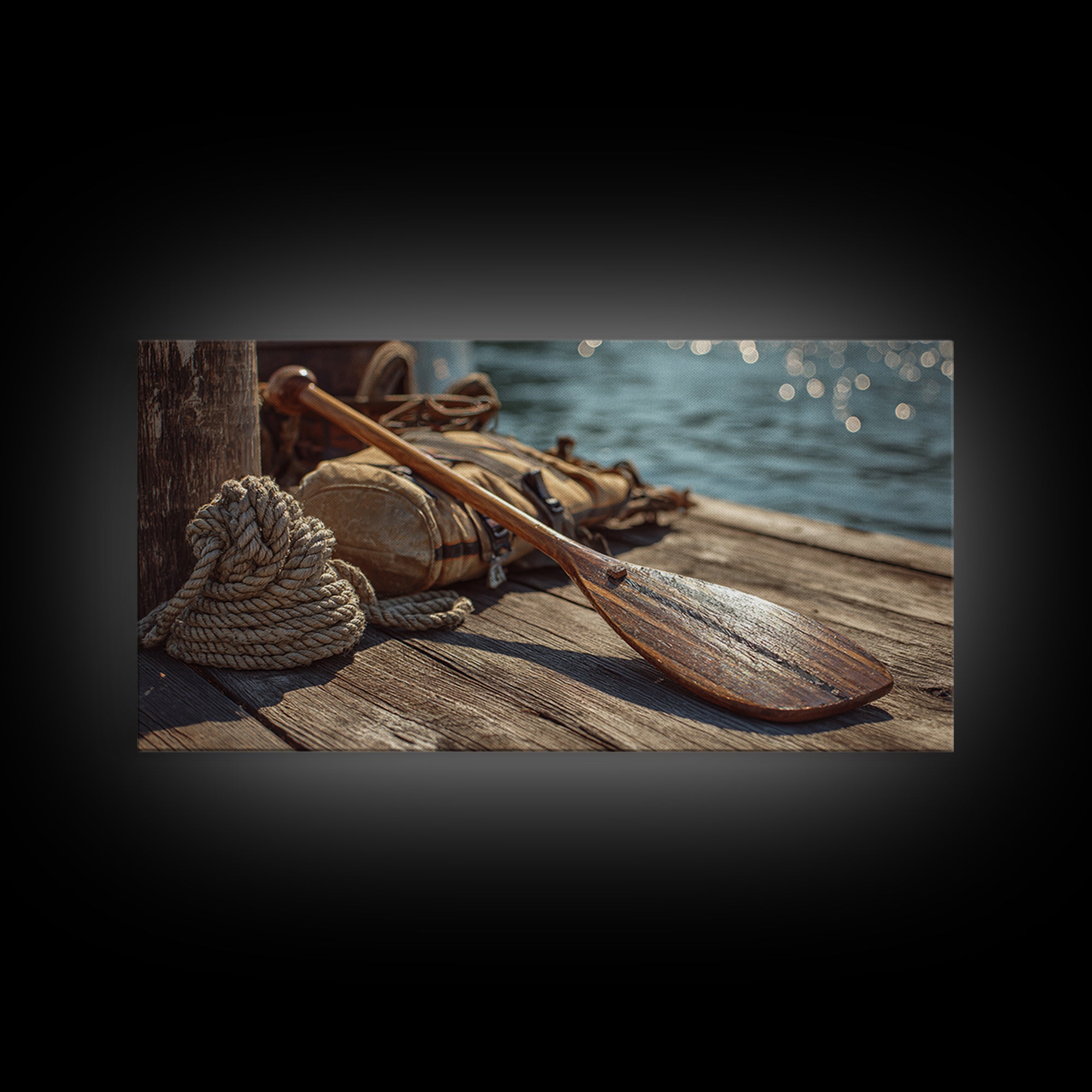 Weathered Paddle And Rope On Dock Canvas Print, Nautical Wall Art, Lake House Decor, Coastal Cabin Gift, Rustic Boat Print