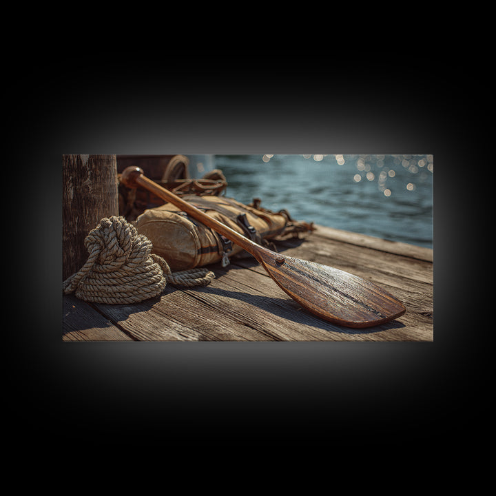 Weathered Paddle And Rope On Dock Canvas Print, Nautical Wall Art, Lake House Decor, Coastal Cabin Gift, Rustic Boat Print