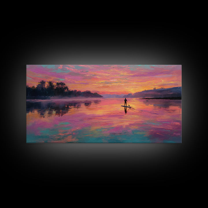 Paddleboarder On Pink Sunset Lake Wall Art, Colorful Seascape Canvas Print, Romantic Coastal Decor, Large Living Room Art