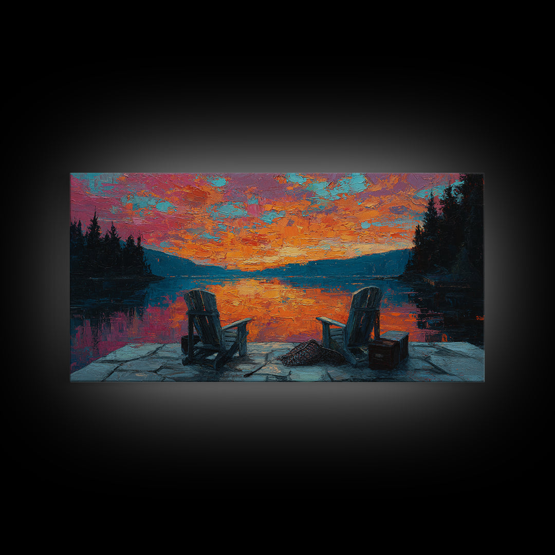 Two Adirondack Chairs By Vivid Lake Sunset Canvas Print, Cabin Wall Art, Rustic Decor, Lake House Decor, Cozy Gift For Living Room