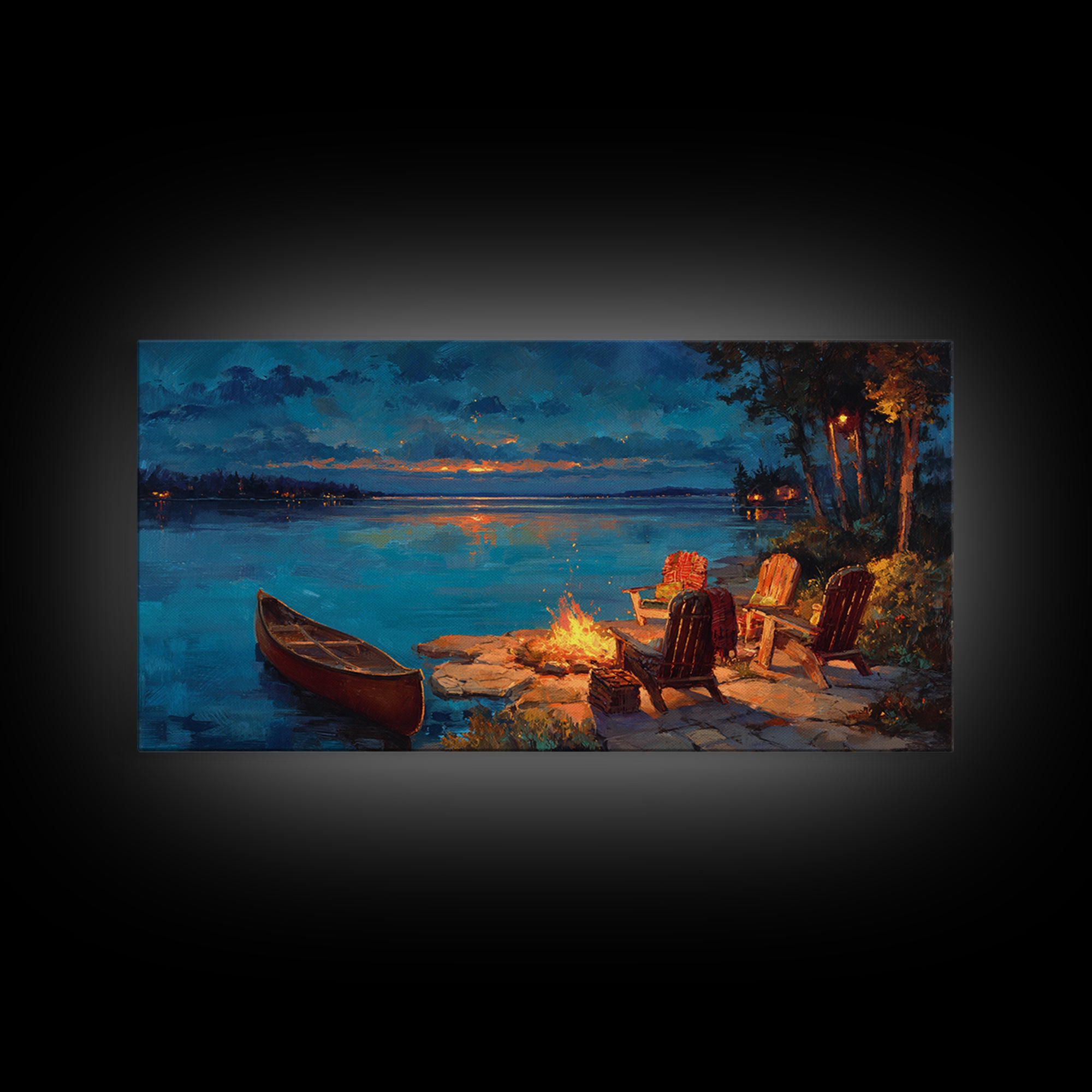 Cozy Lakeside Campfire Wall Art, Adirondack Chairs And Canoe Canvas, Rustic Lake House Cabin Decor For Living Room Decor