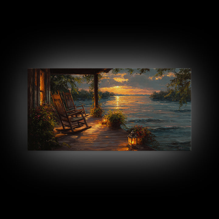 Sunset Porch Rocking Chair By Lake Wall Art, Cozy Cabin Canvas Print, Rustic Lakeside Home Decor, Housewarming Gift, Living Room Decor