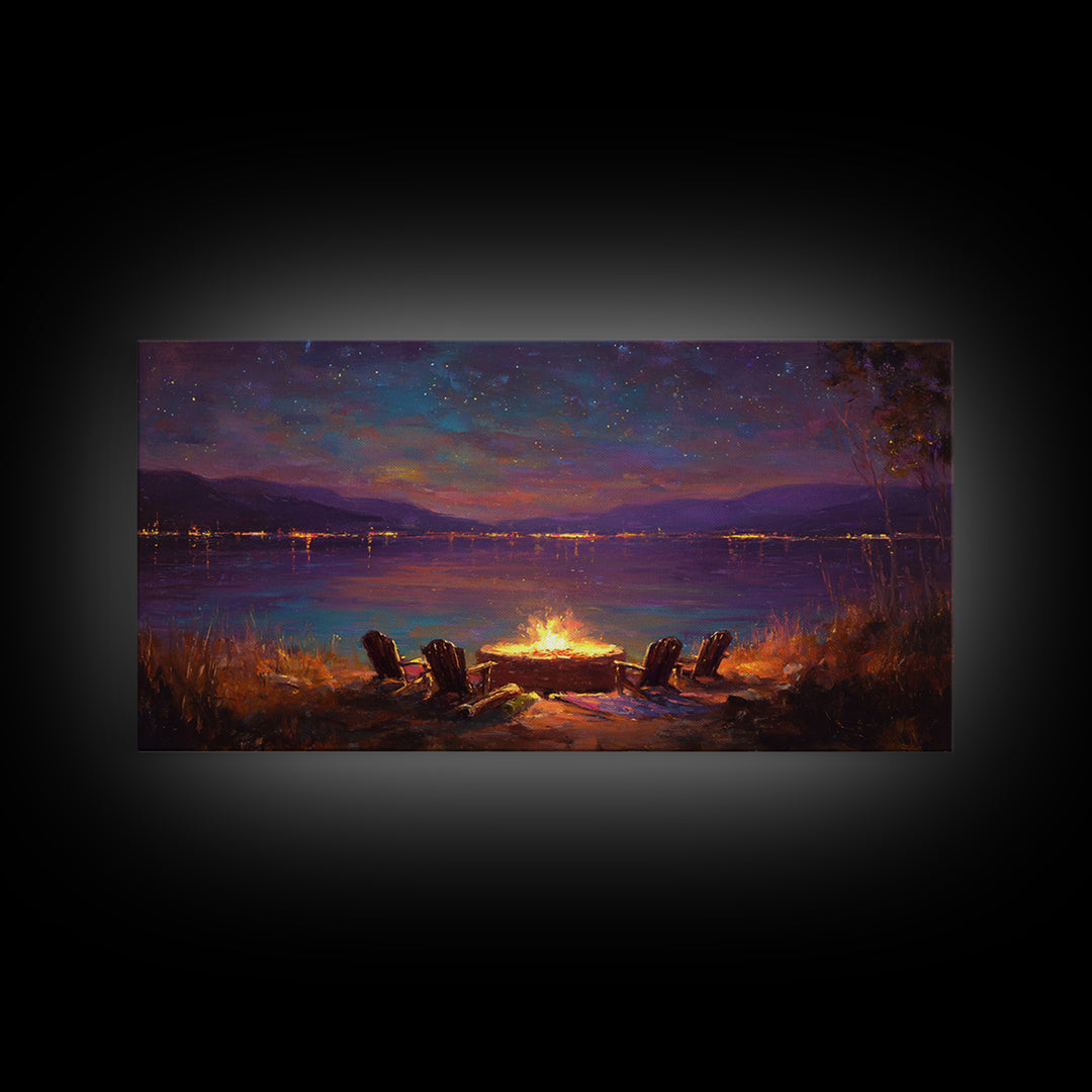 Campfire By Starlit Mountain Lake Canvas Print, Cozy Cabin Wall Decor, Rustic Landscape Art, Nature Lover Home Decor Gift