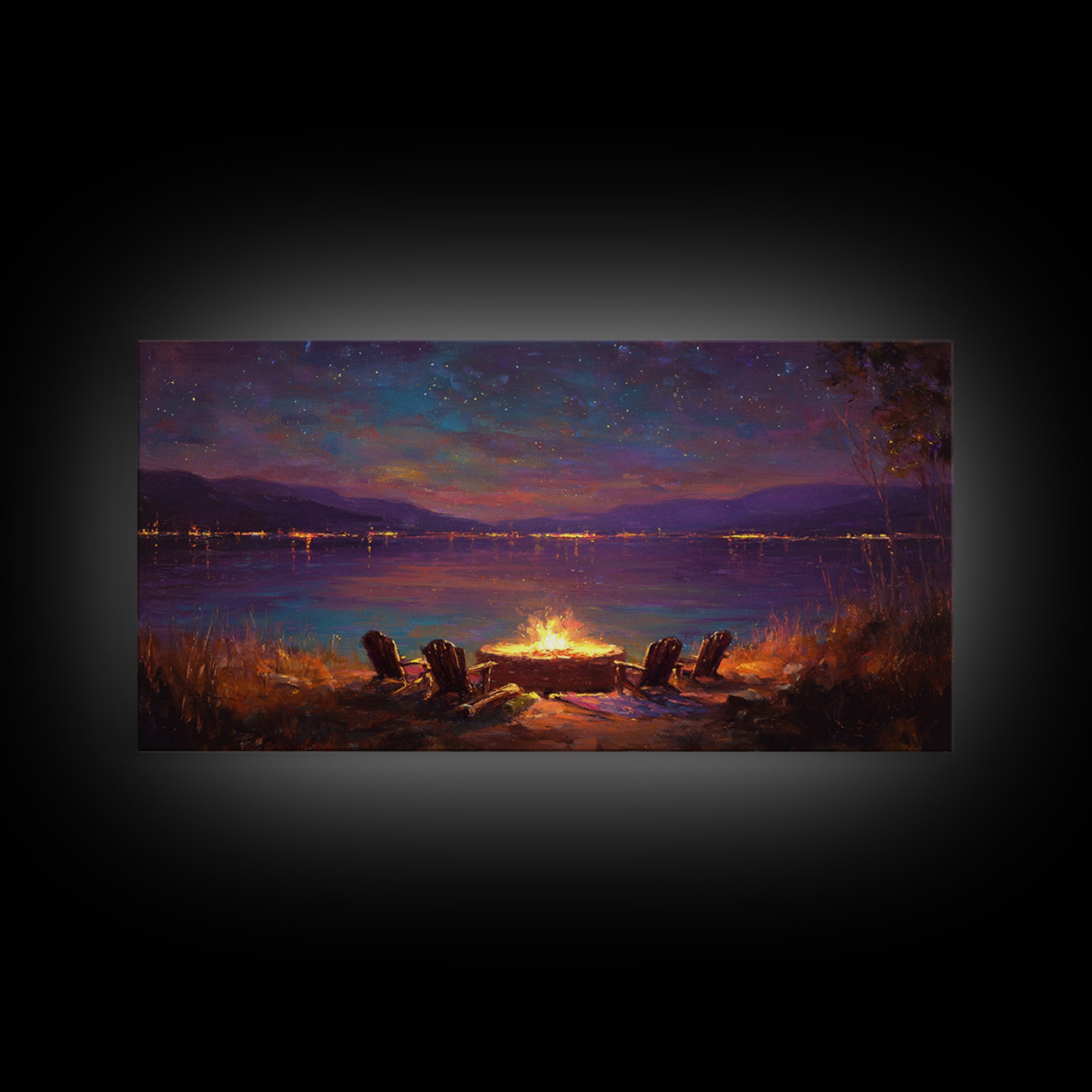 Campfire By Starlit Mountain Lake Canvas Print, Cozy Cabin Wall Decor, Rustic Landscape Art, Nature Lover Home Decor Gift