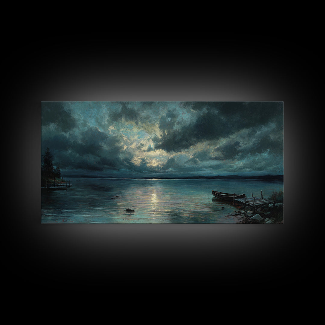 Stormy Moonlit Lake With Rowboat Wall Art, Moody Seascape Canvas Print, Dark Coastal Landscape Art, Living Room Decor, Office Decor