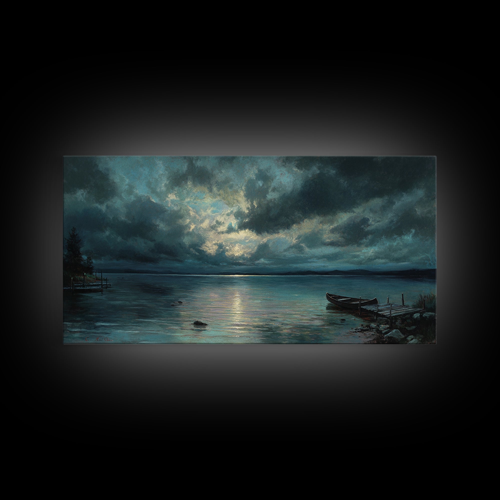Stormy Moonlit Lake With Rowboat Wall Art, Moody Seascape Canvas Print, Dark Coastal Landscape Art, Living Room Decor, Office Decor