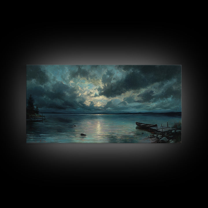 Stormy Moonlit Lake With Rowboat Wall Art, Moody Seascape Canvas Print, Dark Coastal Landscape Art, Living Room Decor, Office Decor