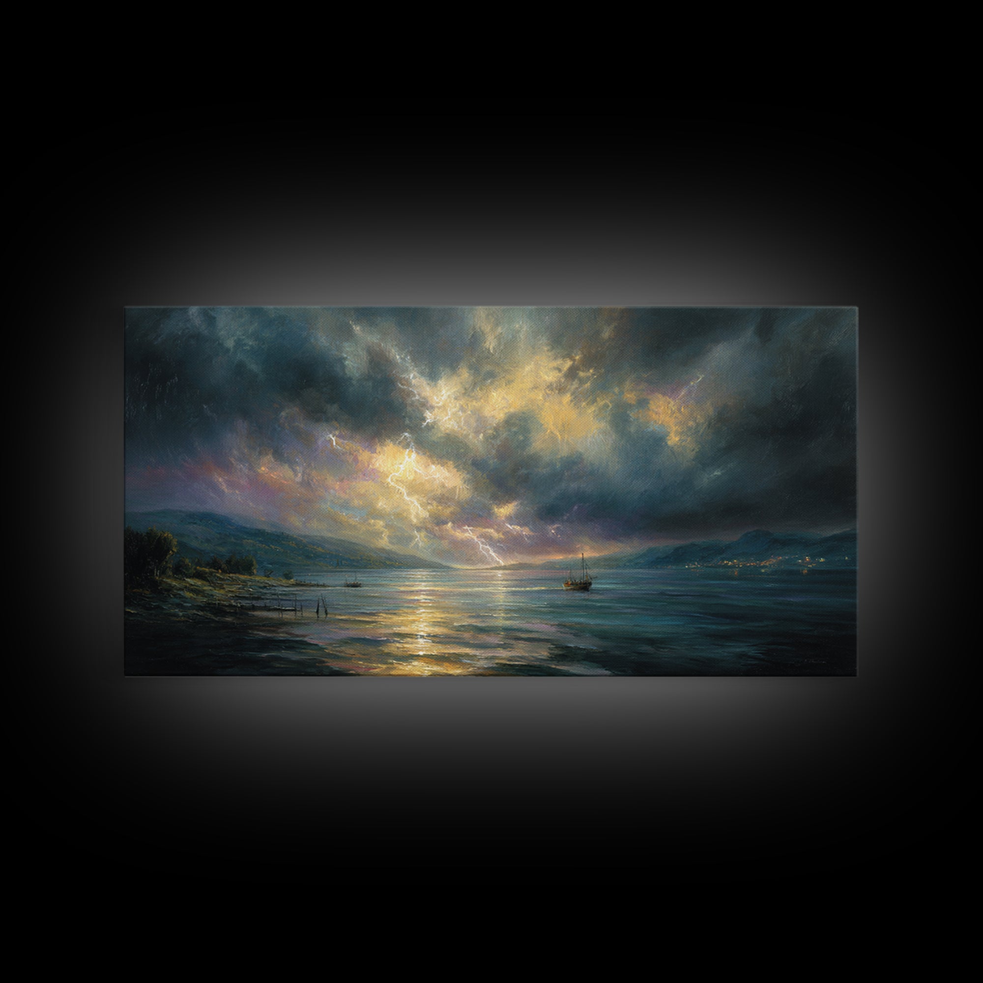 Stormy Ocean Lightning Seascape Canvas Print, Moody Wall Art, Nautical Decor, Coastal Landscape, Large Living Room Art Print