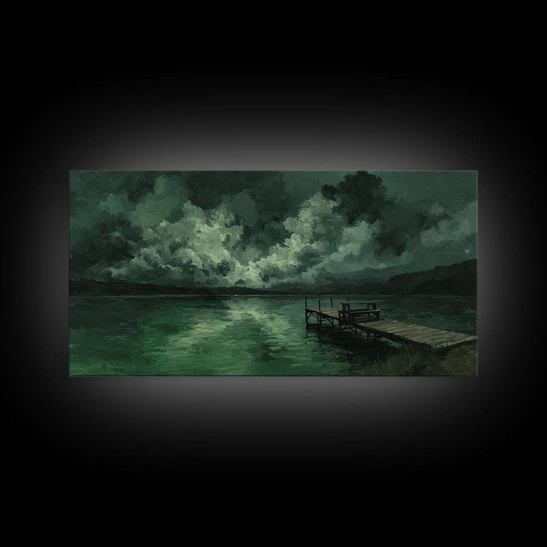 Moody Green Lake Dock At Stormy Night Wall Art, Dark Landscape Canvas Print, Rustic Cabin Decor, Emerald Nature Painting
