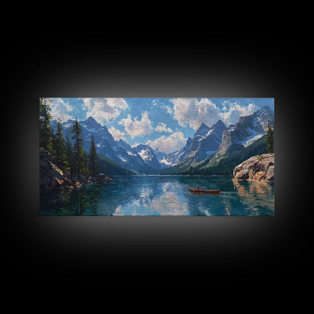 Mountain Lake Canoe Wall Art, Alpine Landscape Canvas Print, Serene Nature Decor, Large Rustic Cabin Gift For Living Room