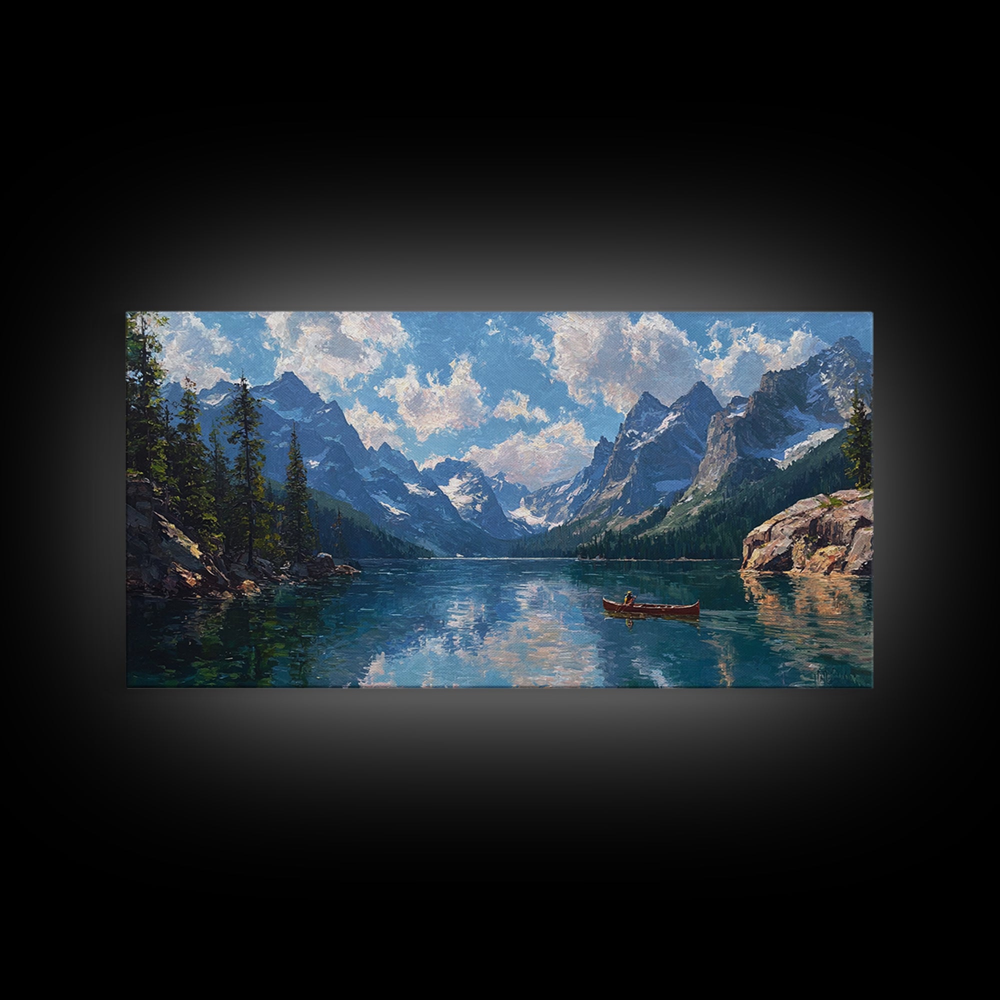Mountain Lake Canoe Wall Art, Alpine Landscape Canvas Print, Serene Nature Decor, Large Rustic Cabin Gift For Living Room