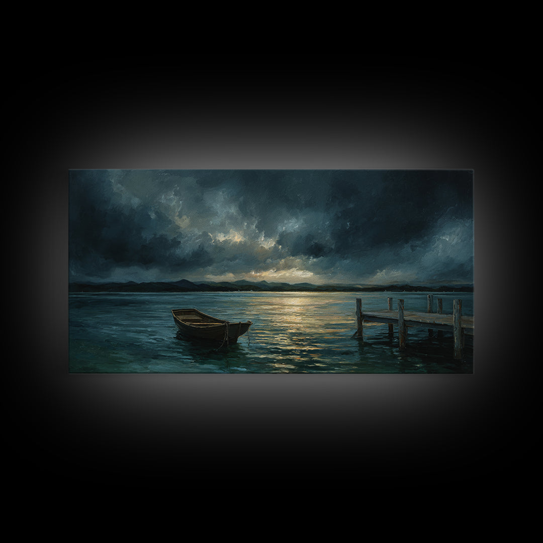 Stormy Row Boat And Wooden Dock Seascape Wall Art, Moody Ocean Canvas Print, Coastal Decor, Nautical Wall Decor Gift For Him