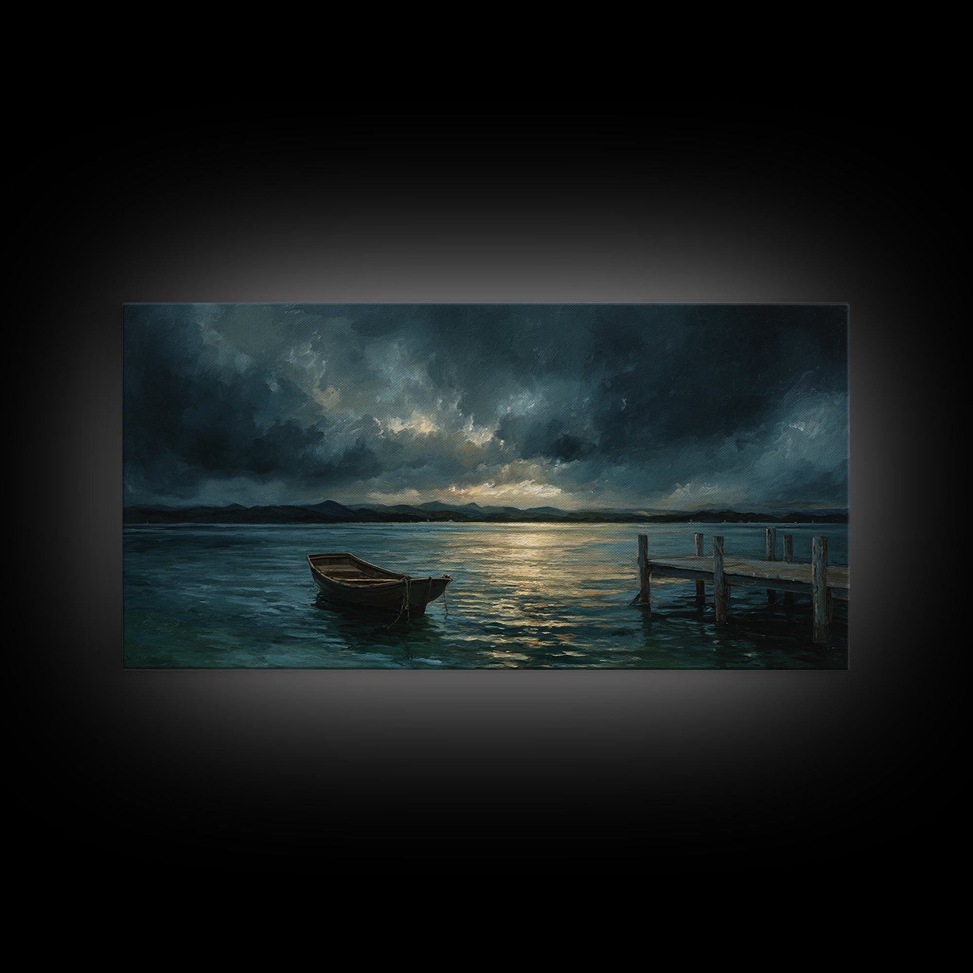 Stormy Row Boat And Wooden Dock Seascape Wall Art, Moody Ocean Canvas Print, Coastal Decor, Nautical Wall Decor Gift For Him
