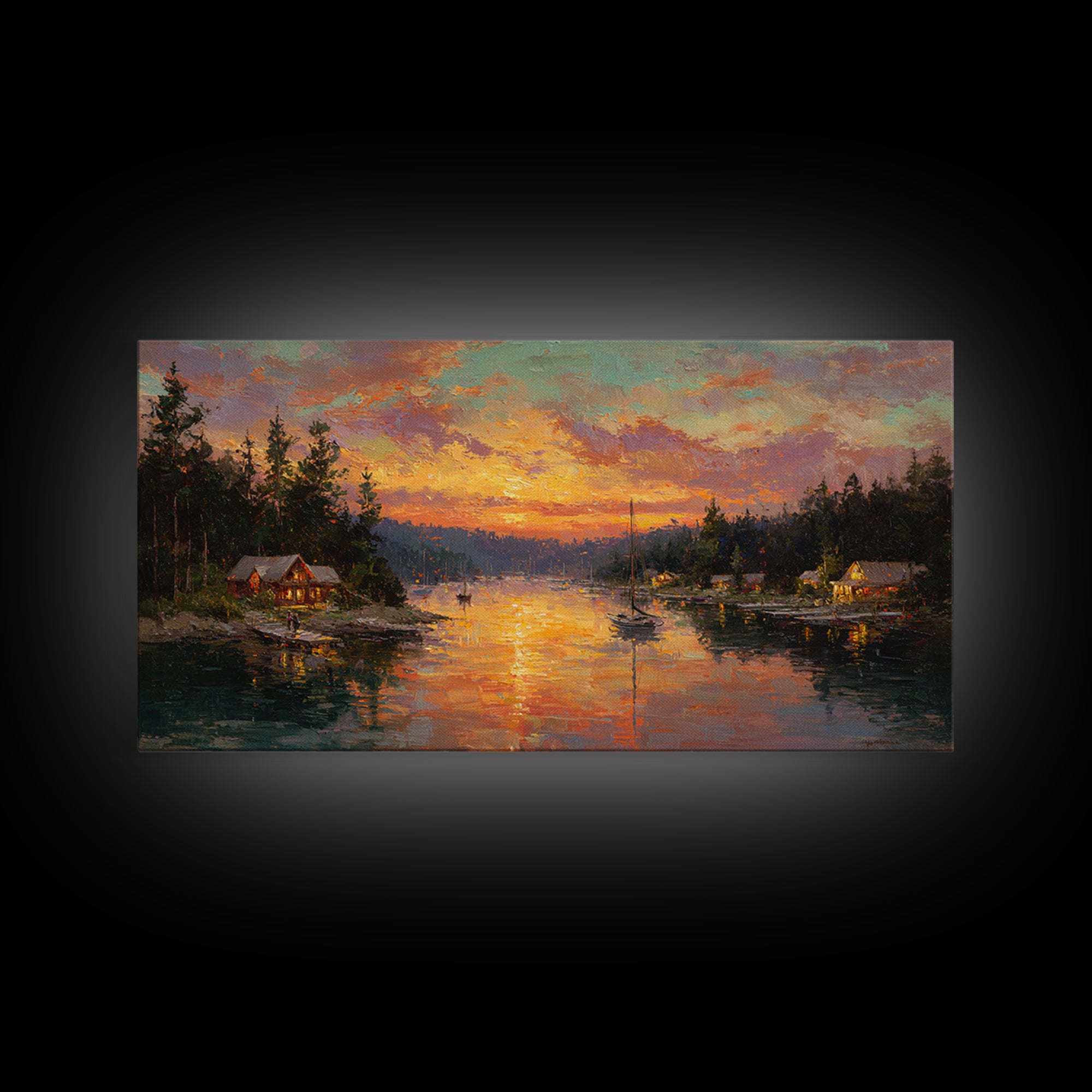 Glowing Lakeside Cabins At Sunset Framed Canvas Print, Rustic Lake House Wall Art, Cabin Decor, Landscape Painting, Living Room Decor