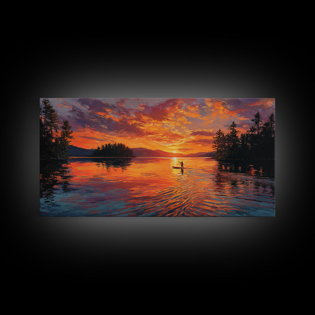 Fiery Sunset Kayaker On Mountain Lake Wall Art, Canvas Print, Outdoor Adventure Decor, Lake House Gift, Large Wall Art, Sunset Painting