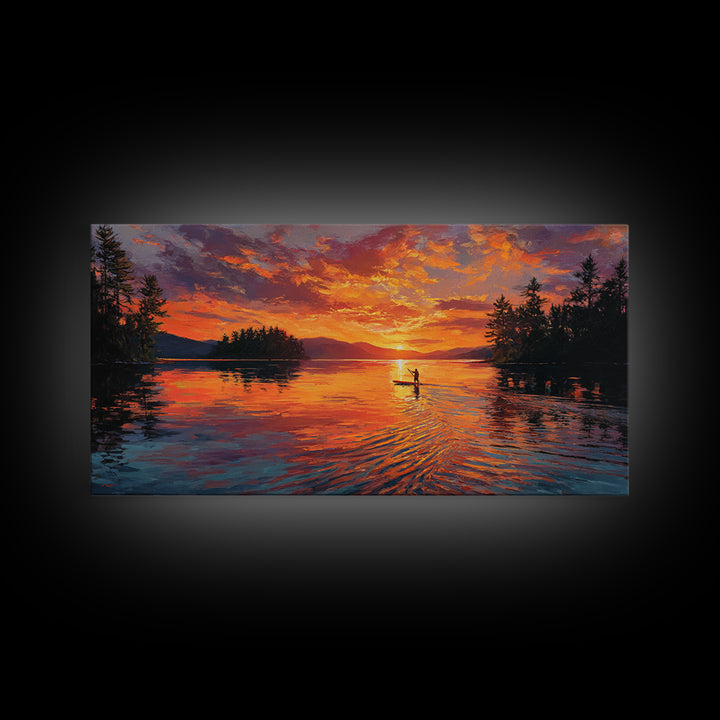 Fiery Sunset Kayaker On Mountain Lake Wall Art, Canvas Print, Outdoor Adventure Decor, Lake House Gift, Large Wall Art, Sunset Painting