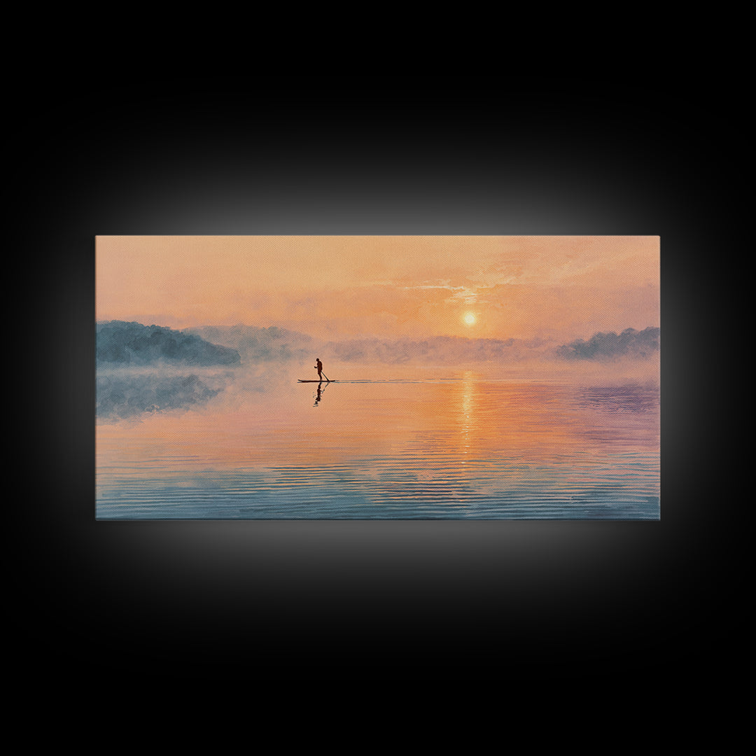 Minimal Paddleboarder On Misty Sunrise Lake Canvas Print, Calming Wall Art, Coastal Decor, Minimalist Landscape Art, Bedroom Decor