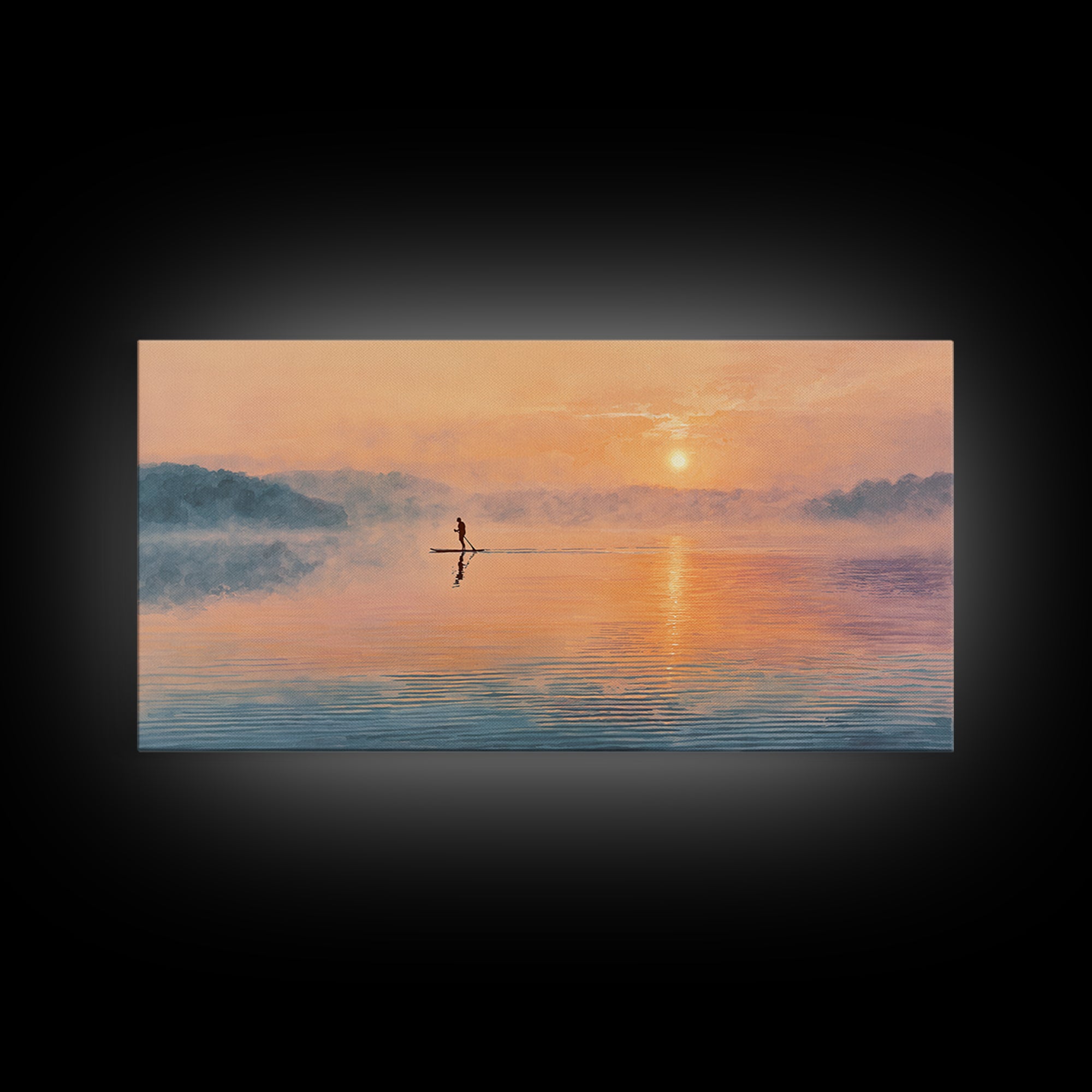 Minimal Paddleboarder On Misty Sunrise Lake Canvas Print, Calming Wall Art, Coastal Decor, Minimalist Landscape Art, Bedroom Decor
