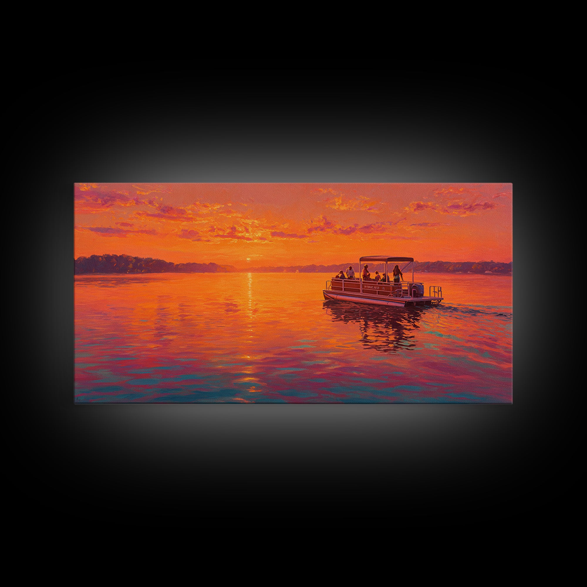 Orange Sunset Pontoon Boat On Calm Lake Framed Canvas Print, Lake House Wall Art, Nautical Decor, Summer Home Decor, Gift For Him