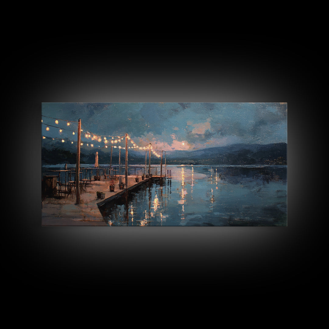 Moonlit Dock With String Lights Framed Canvas Print, Moody Lake Wall Art, Coastal Wall Decor, Rustic Cabin Home Decor, Office Decor