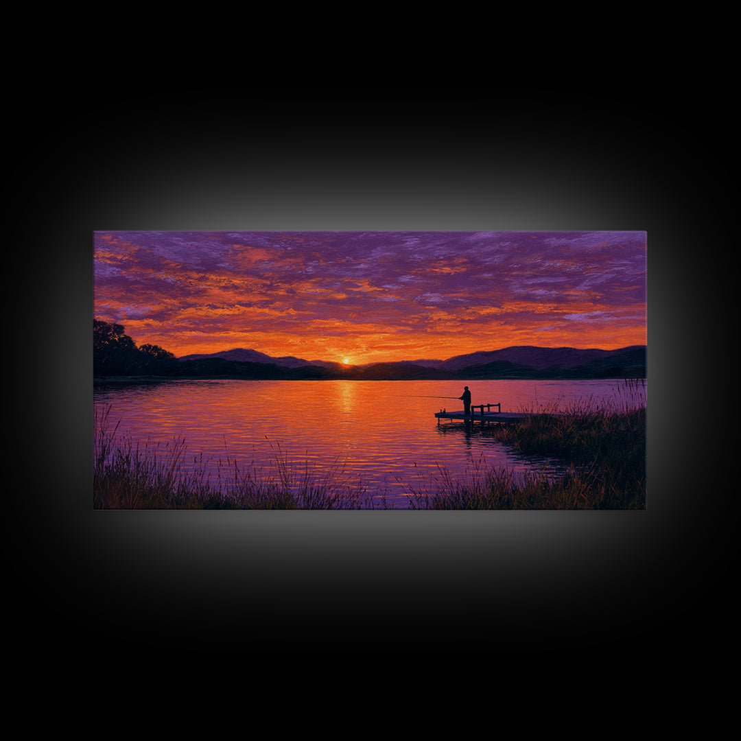 Solitary Figure On Dock At Purple Sunset Wall Art, Framed Canvas Print, Mountain Lake Decor, Peaceful Bedroom Art, Living Room Decor
