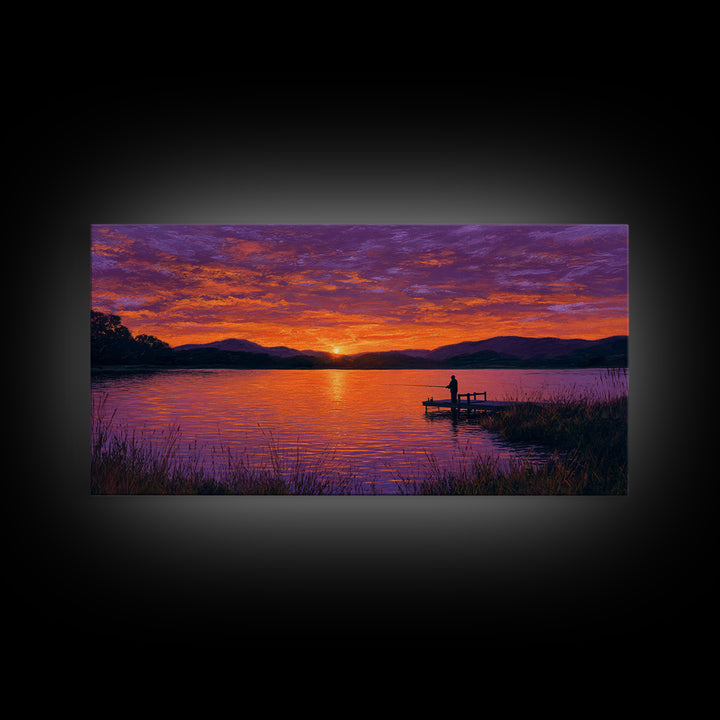 Solitary Figure On Dock At Purple Sunset Wall Art, Framed Canvas Print, Mountain Lake Decor, Peaceful Bedroom Art, Living Room Decor