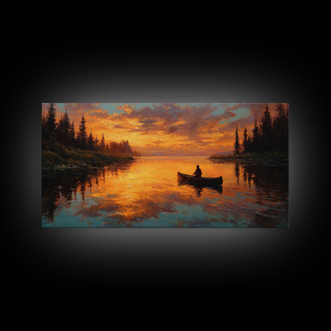 Golden Canoe At Sunset On Quiet Forest Lake Canvas Print, Rustic Cabin Wall Art, Nature Decor, Landscape Painting, Lake House Decor