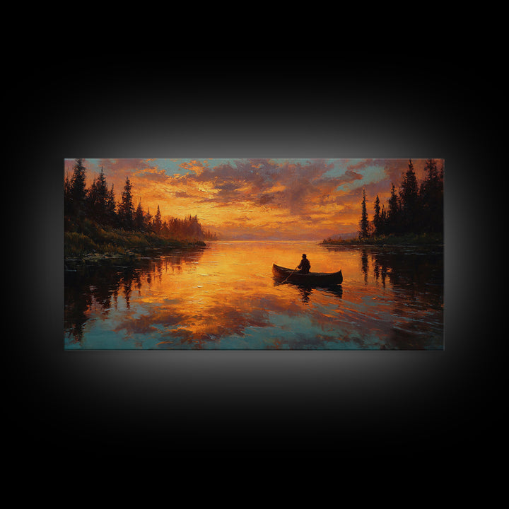 Golden Canoe At Sunset On Quiet Forest Lake Canvas Print, Rustic Cabin Wall Art, Nature Decor, Landscape Painting, Lake House Decor