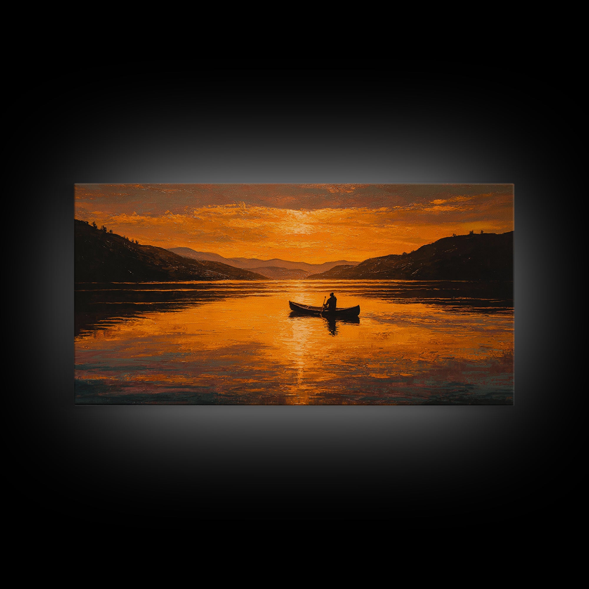 Orange Sunset Lake Boat Silhouette Canvas Print, Rustic Landscape Wall Decor, Serene Cabin Living Room Art, Housewarming Gift