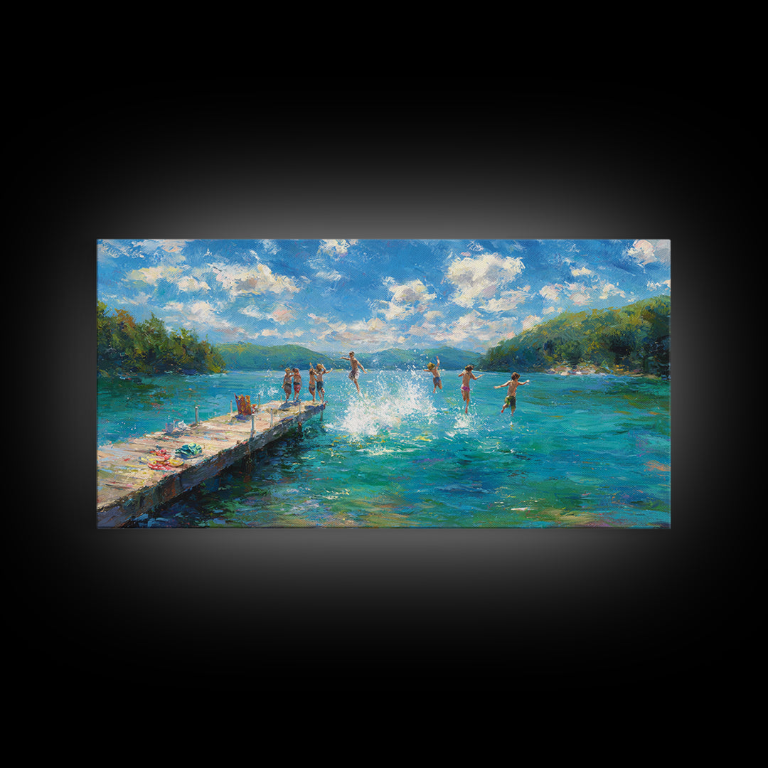 Joyful Summer Kids Jumping Into Blue Lake Artwork, Vibrant Landscape Canvas Print, Wall Art For Family Room And Children's Bedroom Decor