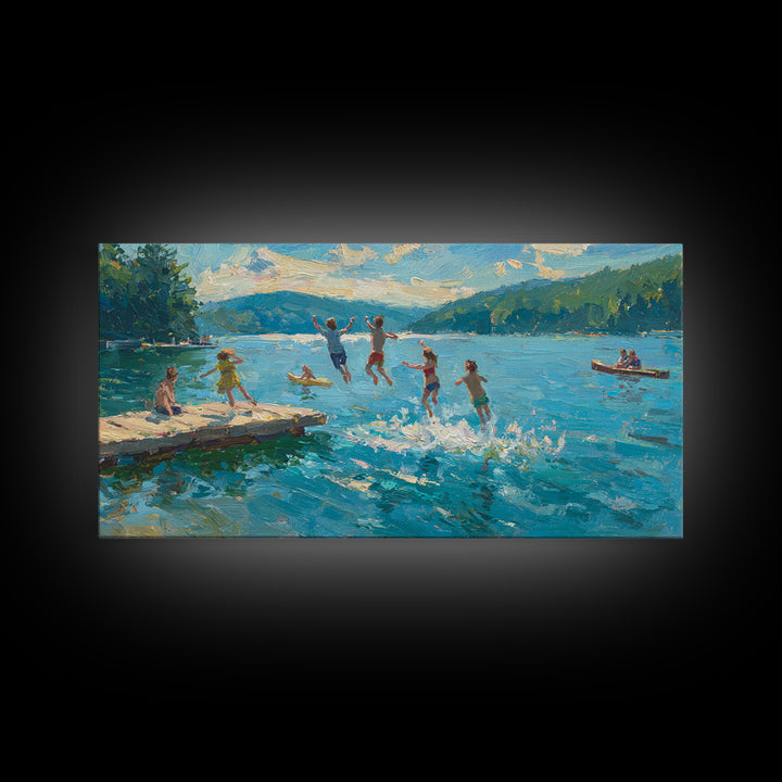 Children Jumping Into Lake On Summer Day With Vibrant Blue Water And Green Landscape Wall Art Canvas Print For Home Decor