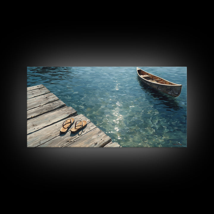 Serene Lake View With Wooden Boat And Dock Landscape Wall Art Framed Canvas Print For Coastal Home Decor