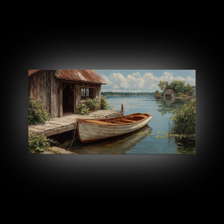 Rustic Waterfront Scene With Wooden Rowboat And Weathered Dock Painting Wall Art Canvas Print For Living Room Decor