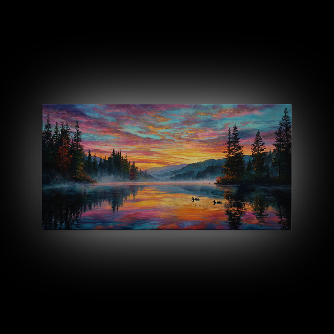 Serene Misty Lake Sunset Landscape Painting Wall Art Canvas Print For Tranquil Living Room Décor