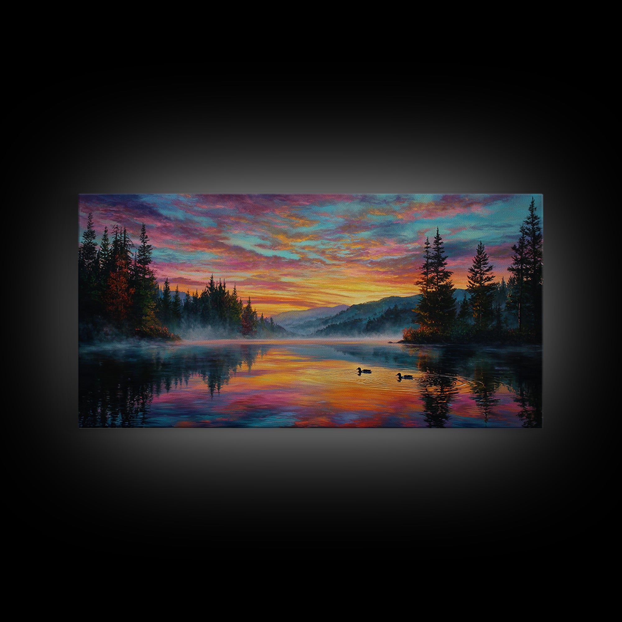 Serene Misty Lake Sunset Landscape Painting Wall Art Canvas Print For Tranquil Living Room Décor