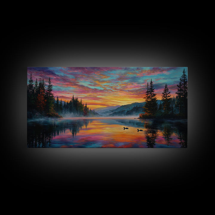 Serene Misty Lake Sunset Landscape Painting Wall Art Canvas Print For Tranquil Living Room Décor
