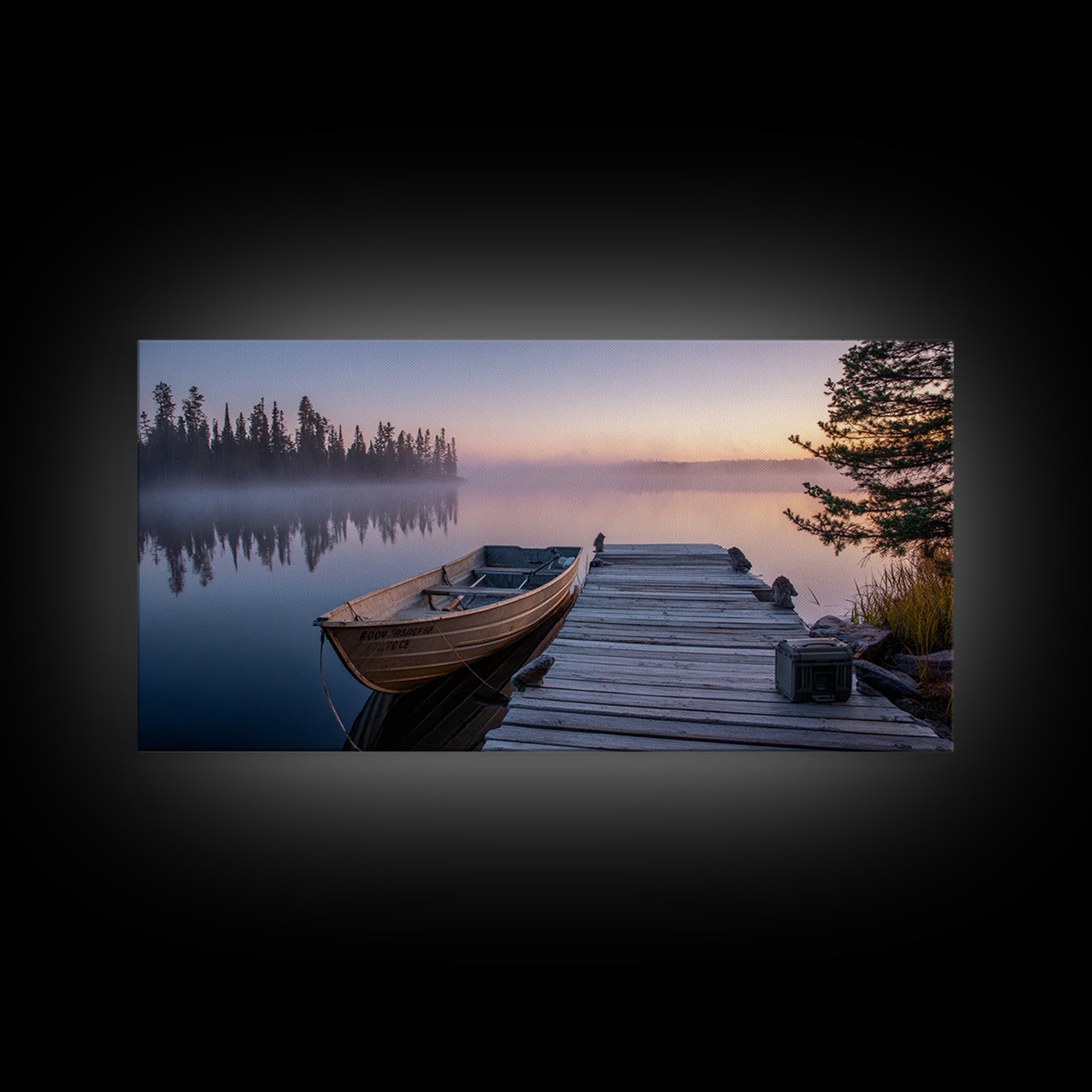 Misty Lake Morning With Boat And Trees Soft Pastel Landscape Wall Art For Rustic Home Decor And Large Framed Canvas Print