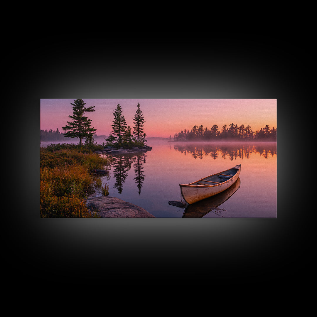 Peaceful Canoe On Misty Calm Lake At Sunrise Nature Wall Art Canvas Print For Tranquil Home Decor