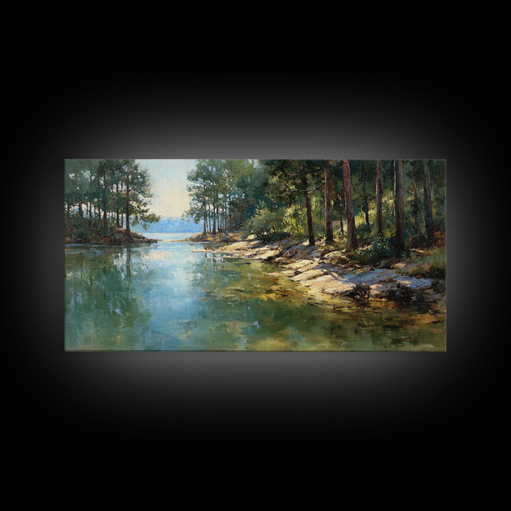 Woodland Landscape Painting With Misty Lake Framed Canvas Print Wall Art Rustic Nature Home Decor Large Art Print