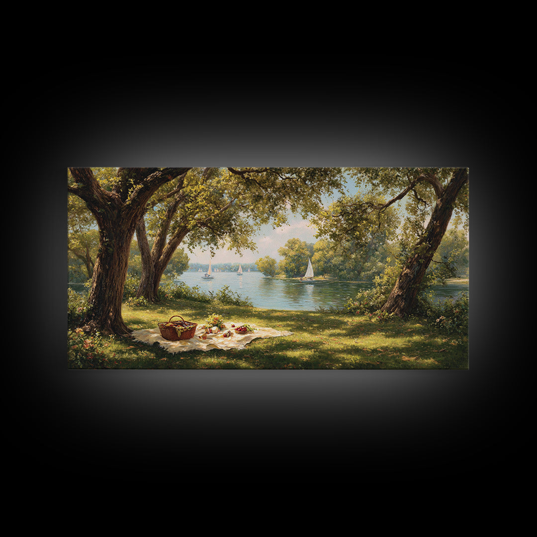 Idyllic Lakeside Picnic Scene With Trees And Sailboats Wall Art Framed Canvas Print For Living Room Decor