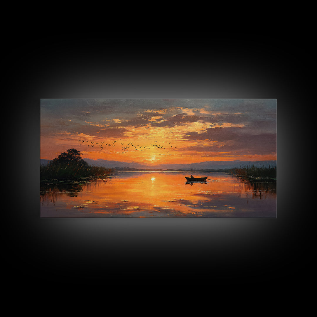 Majestic Sunset Over Calm River With Birds Flying Silhouettes Realistic Painting Wall Art Framed Canvas Print For Serene Decor