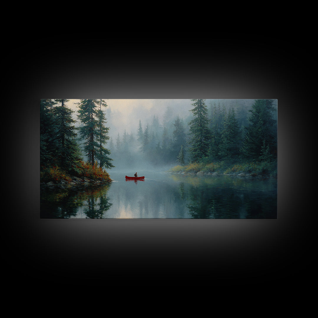 Peaceful Forest Lake With Canoe And Mist Landscape Oil Painting Canvas Print Large Wall Art For Cozy Living Room Decor