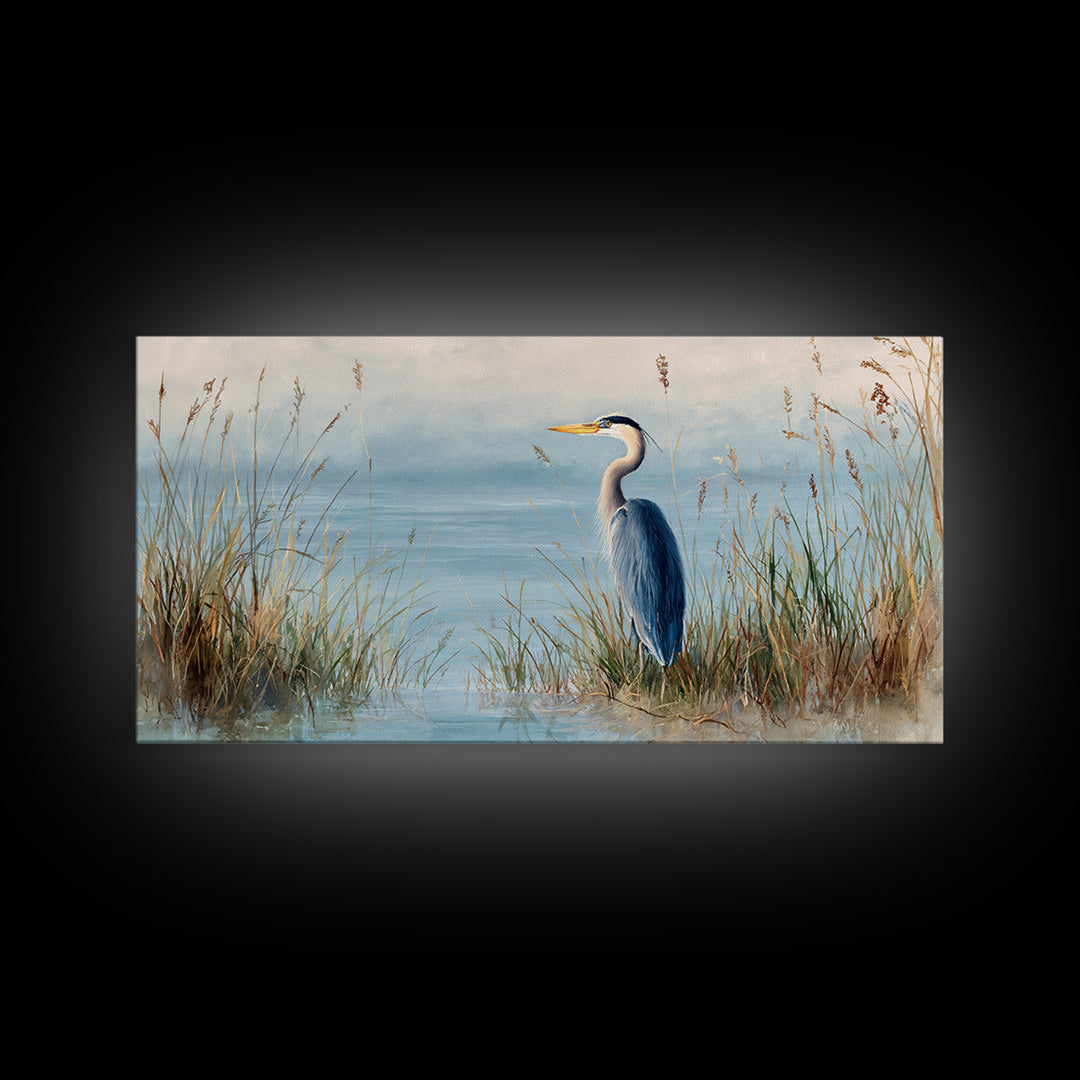 Serene Blue Heron In Marsh Landscape Painting Fine Art Print Framed Canvas Print Coastal Wall Art Quiet Nature Decor