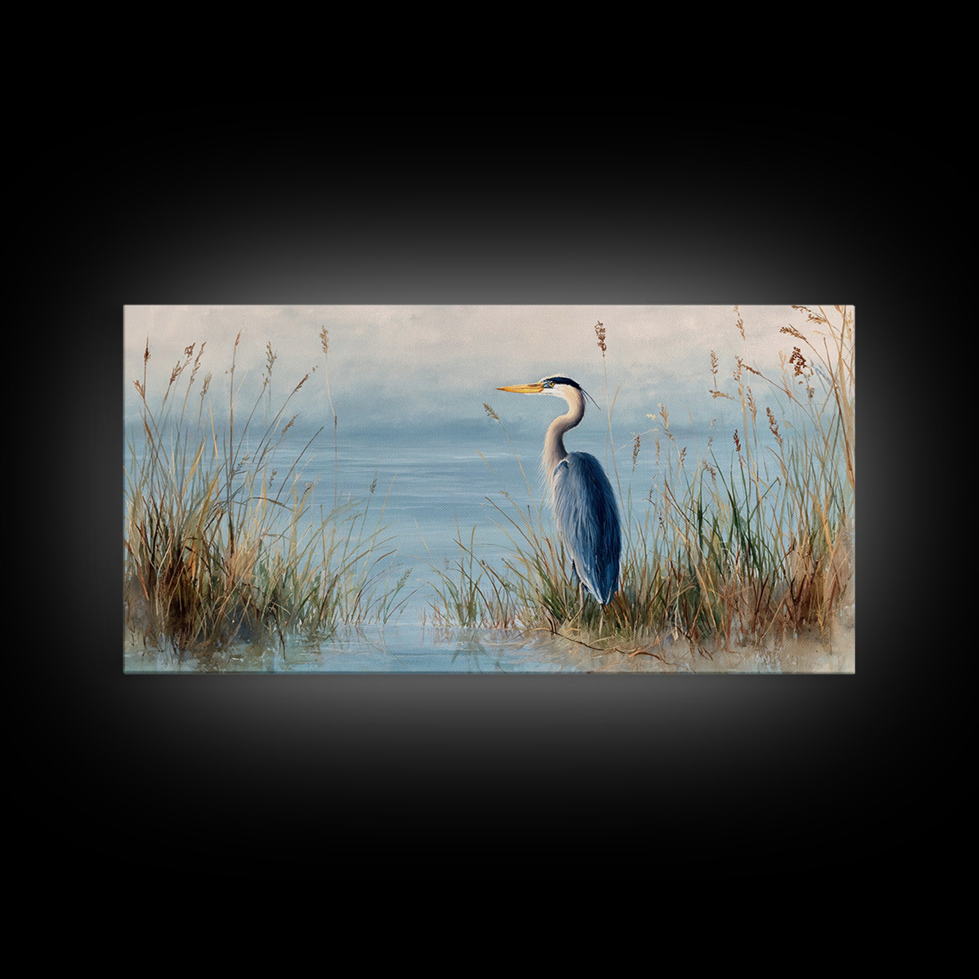 Serene Blue Heron In Marsh Landscape Painting Fine Art Print Framed Canvas Print Coastal Wall Art Quiet Nature Decor