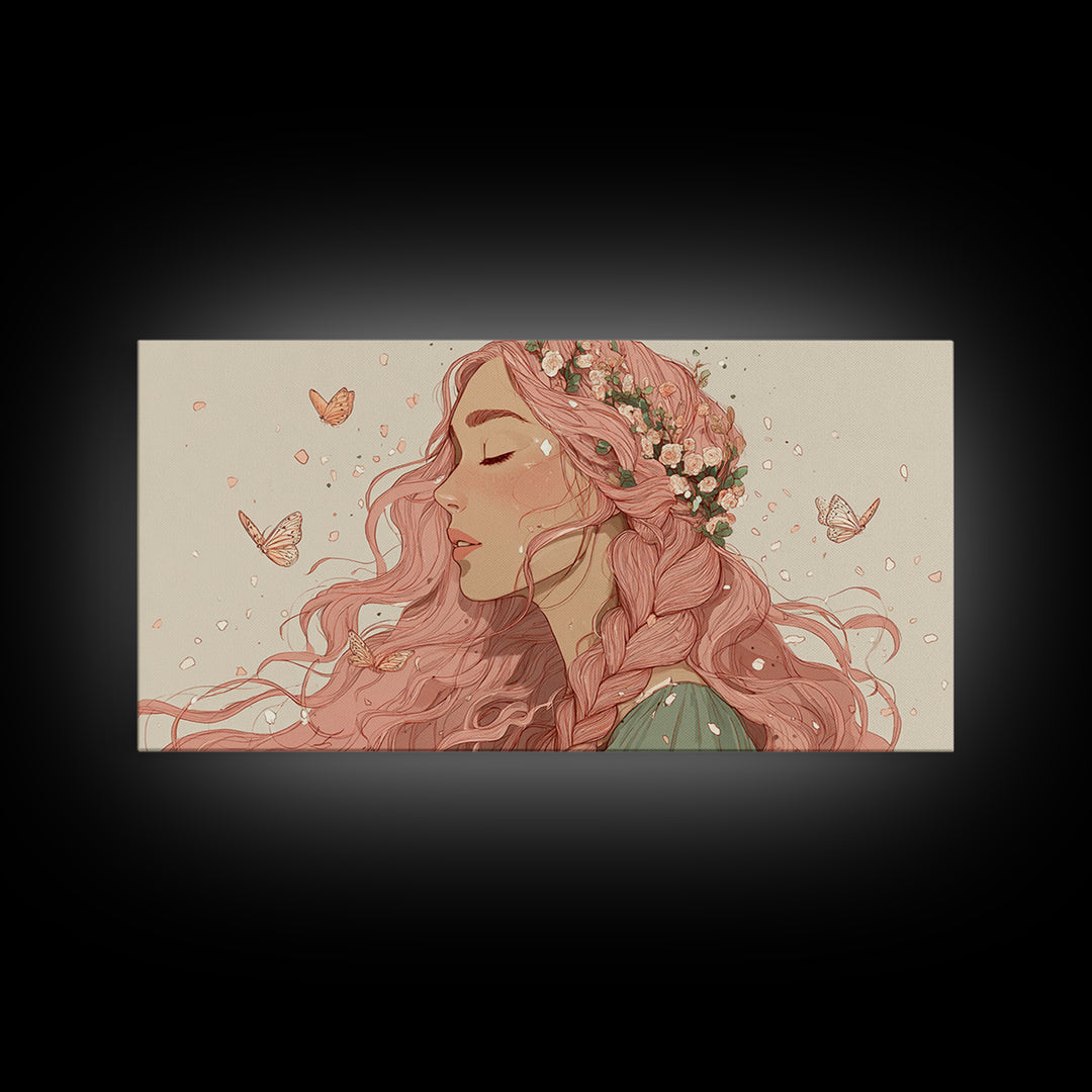 Pink Braided Floral Woman Portrait Wall Art, Feminine Boho Decor, Whimsical Butterfly Canvas Art, Gift For Her, Living Room Decor