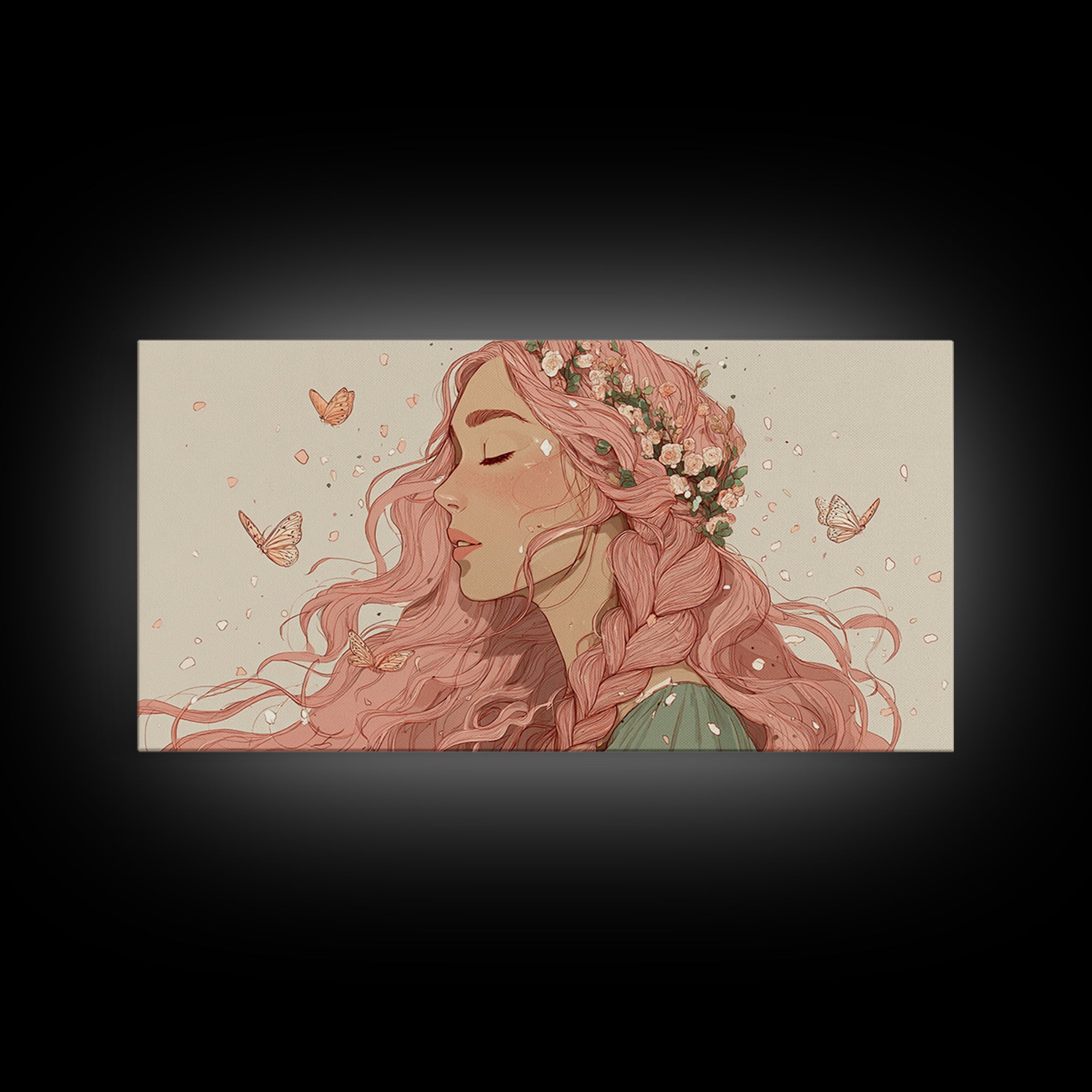 Pink Braided Floral Woman Portrait Wall Art, Feminine Boho Decor, Whimsical Butterfly Canvas Art, Gift For Her, Living Room Decor